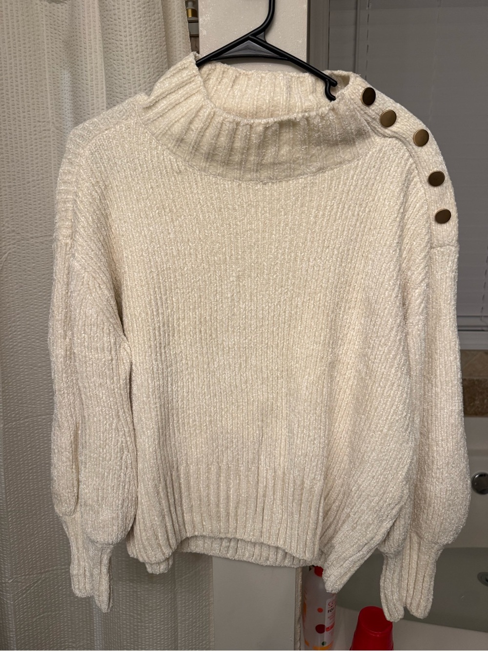 Cynthia Rowley Cream Ribbed Mock Neck Sweater with Shoulder Buttons